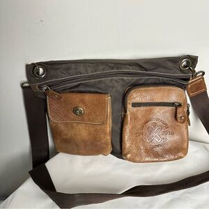 Roots Brown Leather and Fabric Belt Bag
